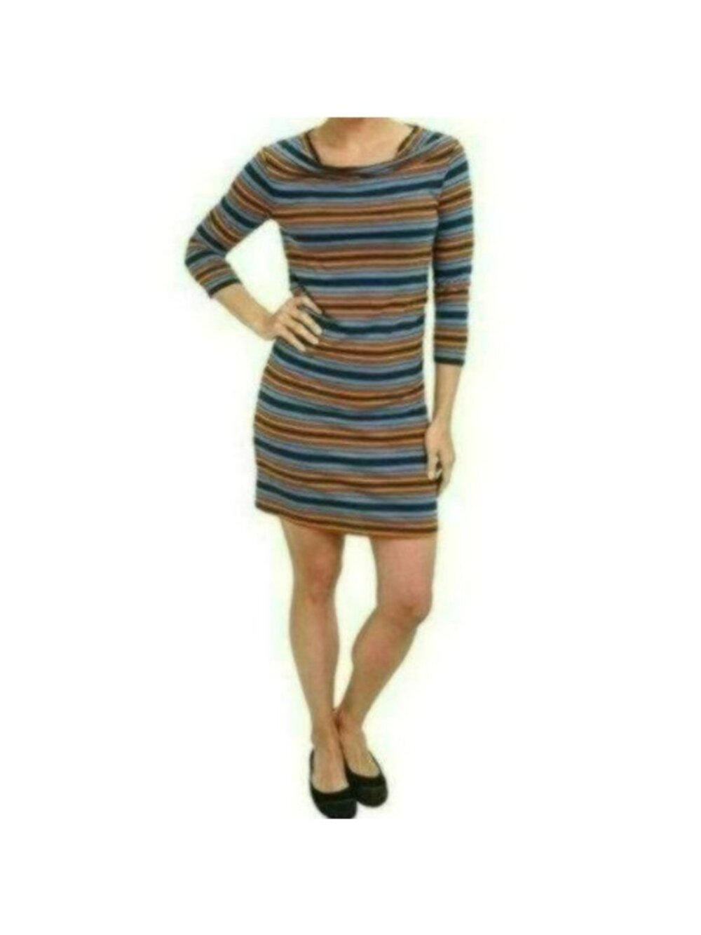 Patagonia Kamala Women's Medium Blue Orange Stripe Cowl Neck 3/4 Sleeve Dress